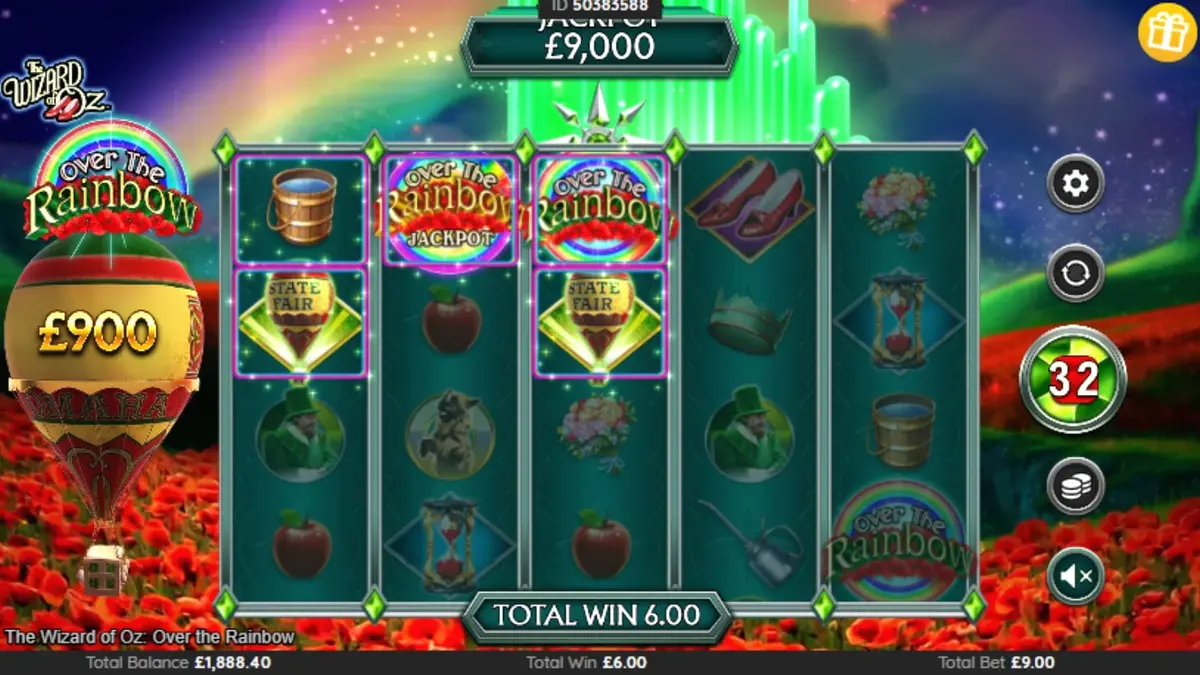 Interface do slot The Wizard of Oz: Over the Rainbow com elementos temáticos